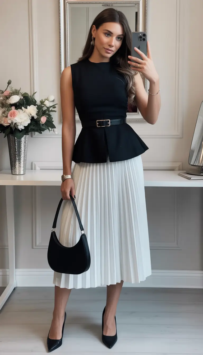 classy outfits Black Peplum Top with White Pleated Midi Skirt