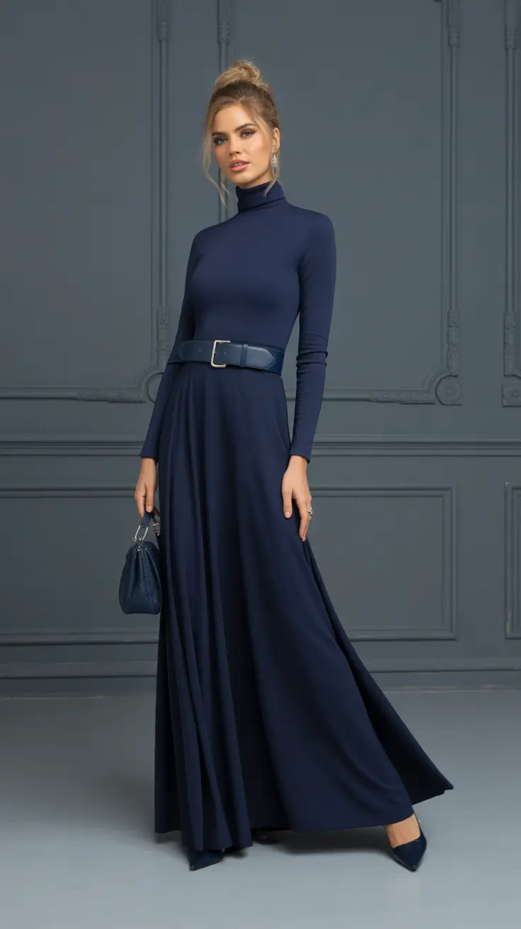 classy outfits Navy Turtleneck Maxi Dress with Belted Waist