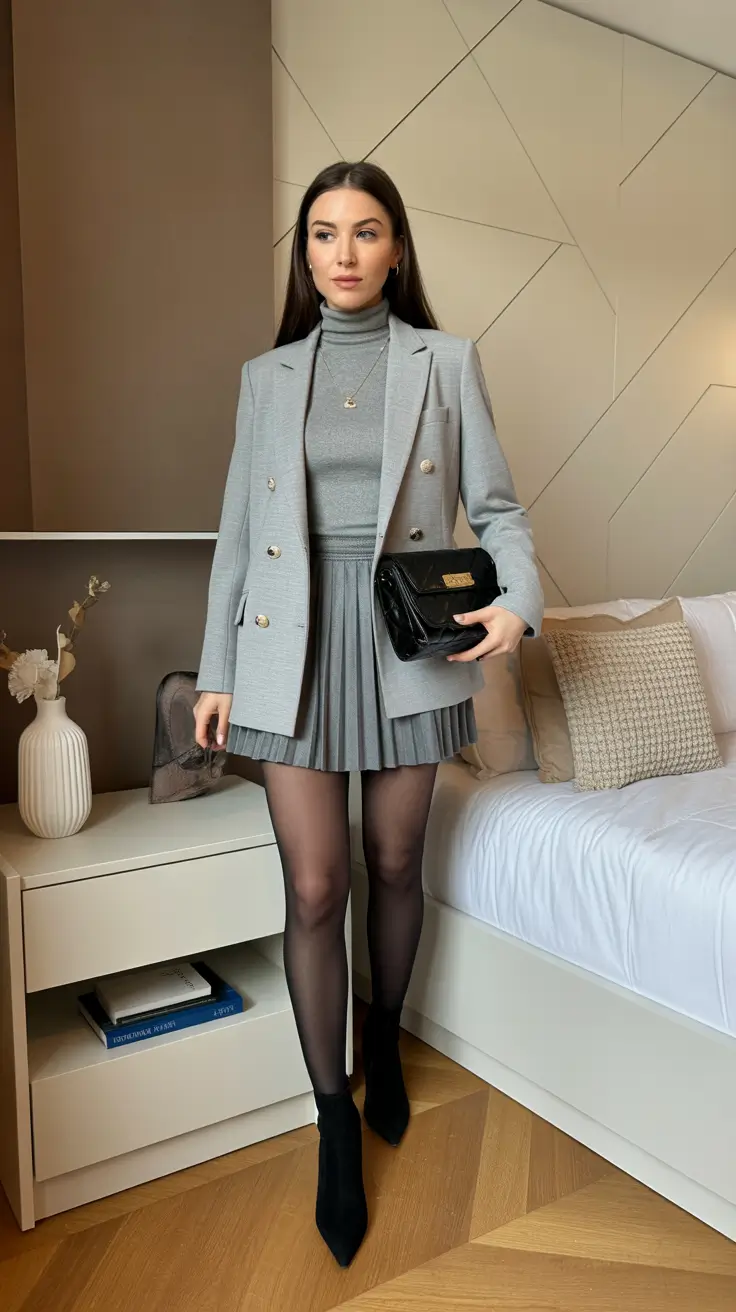 classy outfits Monochrome Grey Pleated Skirt and Blazer Set