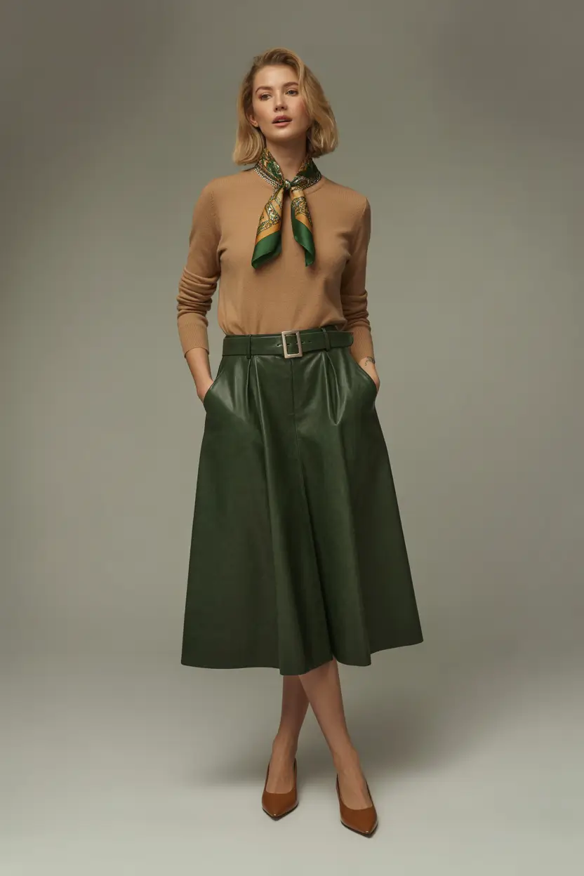 classy outfits Camel Knit with Forest-Green A-Line Skirt