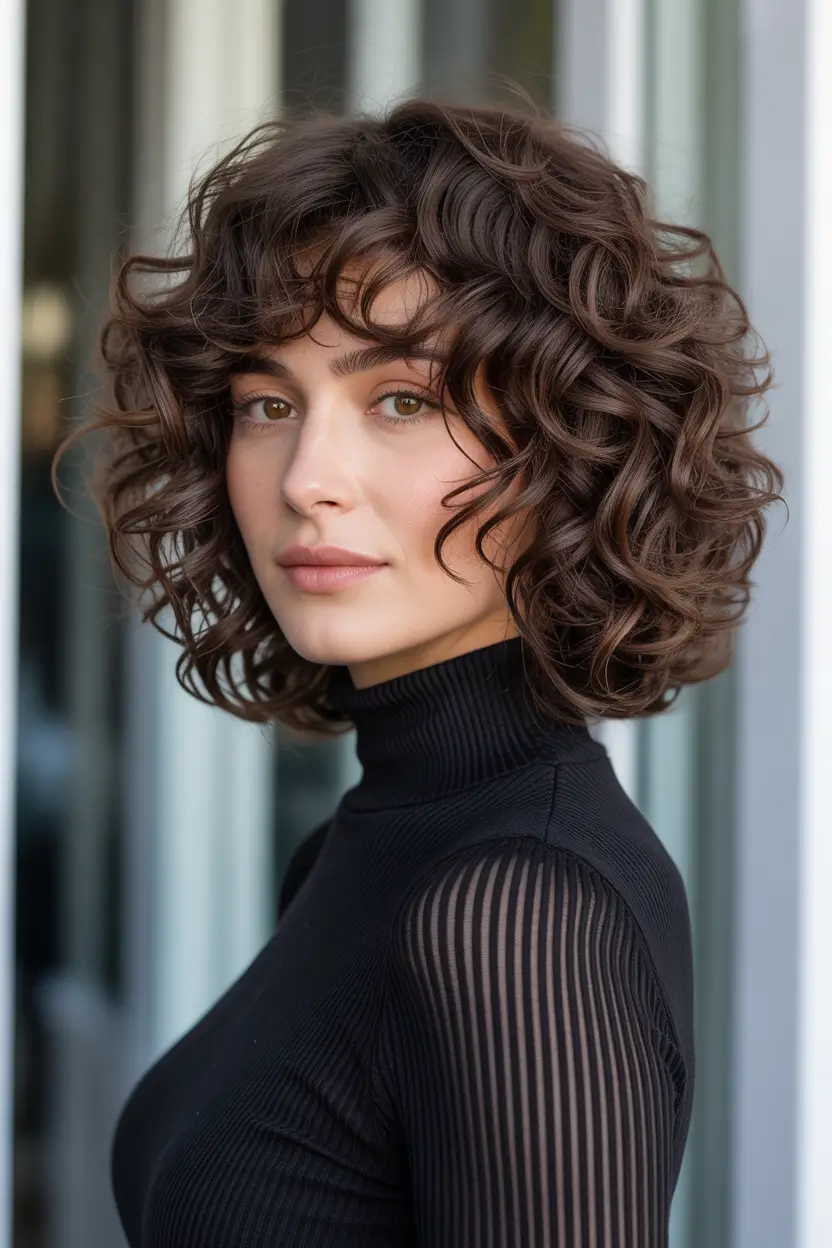 curly hairstyle Curly Bob with Airy Layers and Soft Fringe