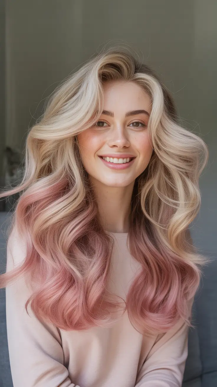 curly hairstyle Soft Pink-Tipped Waves with Bright Blonde Dimension