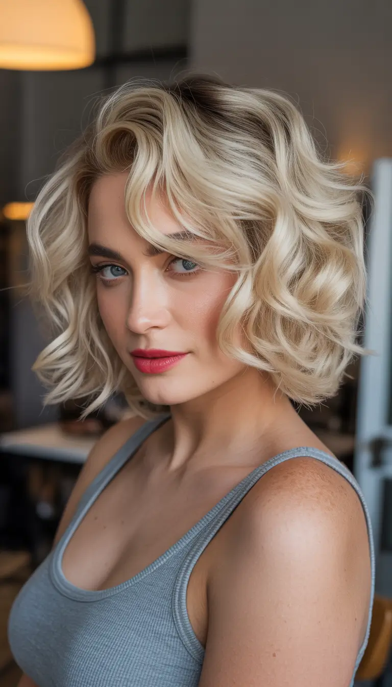 curly hairstyle Classic Blonde Curly Bob with Polished Definition