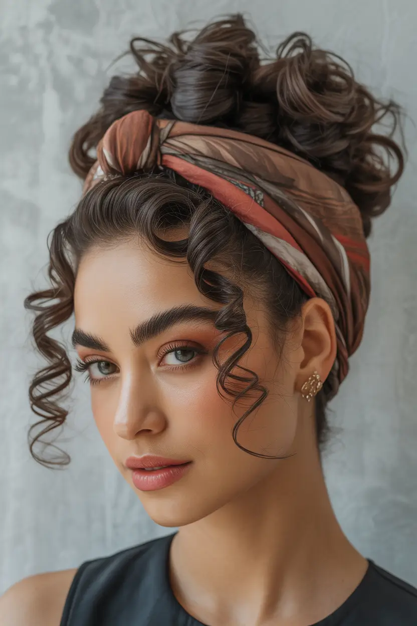 curly hairstyle Voluminous Curly Updo Wrapped with a Statement Scarf
