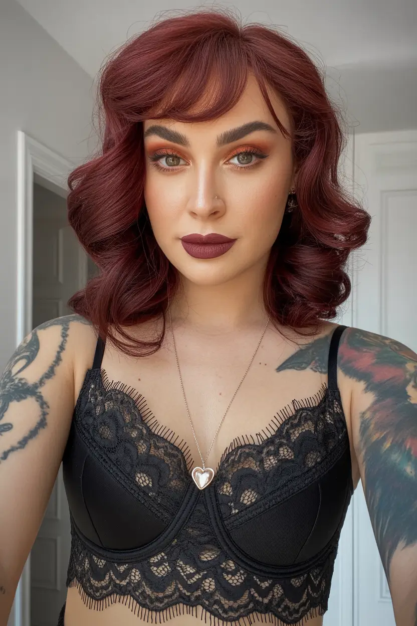 curly hairstyle Deep Burgundy Retro Curls with Full Fringe