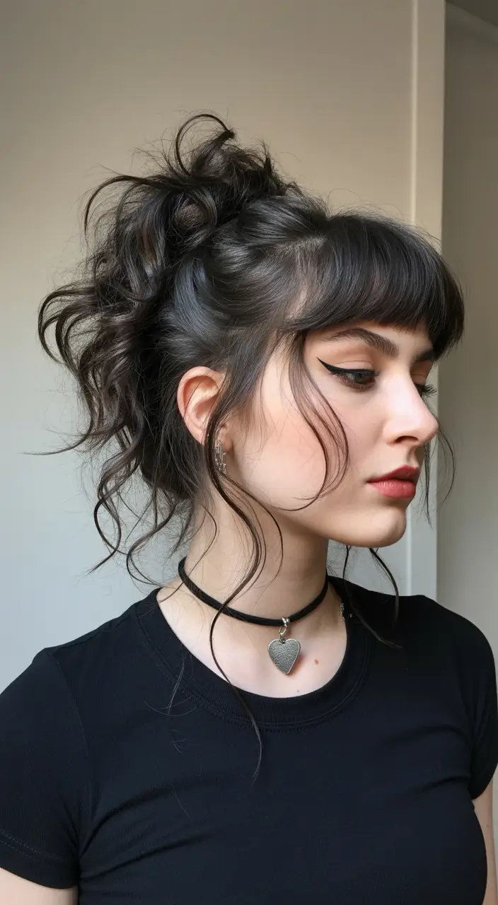 curly hairstyle Soft Tousled Curly Updo with Wispy Fringe