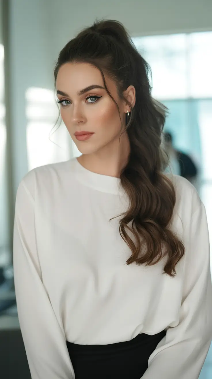 curly hairstyle Soft Waves in a High Ponytail with Face-Framing Tendrils