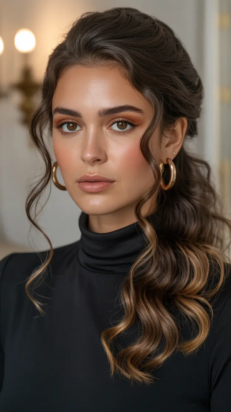 curly hairstyle Romantic Half-Up Curly Style with Warm Highlights