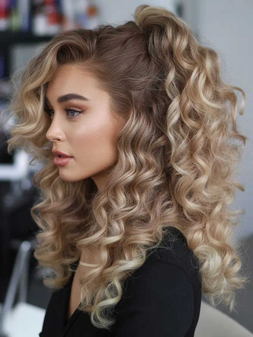 curly hairstyle High Volume Curly Pony with Dimensional Blonde Highlights