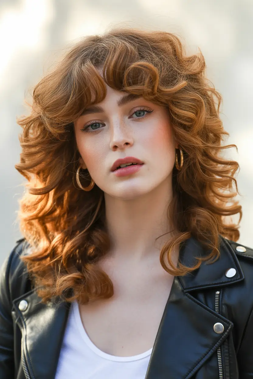 curly hairstyle Layered Copper Curls with Feathered Fringe