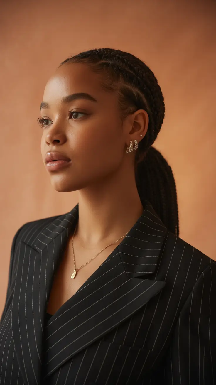 hairstyle black women Low Braided Ponytail With Sleek Side Contouring