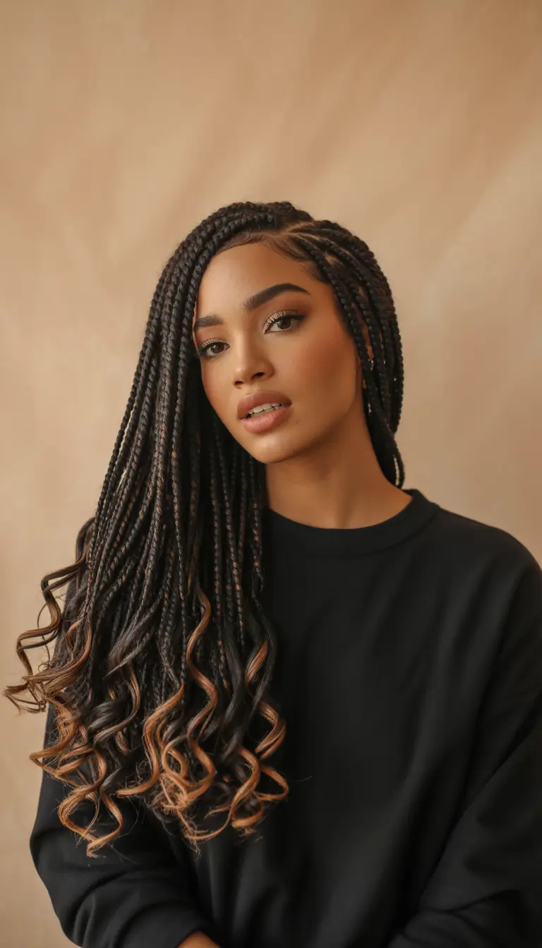 hairstyle black women Side-Part Knotless Braids With Curled Ends