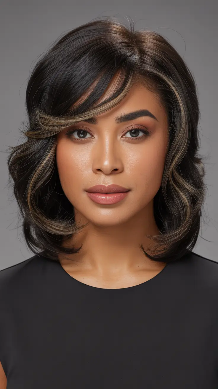 hairstyle black women Layered Medium Cut With Soft Champagne Highlights