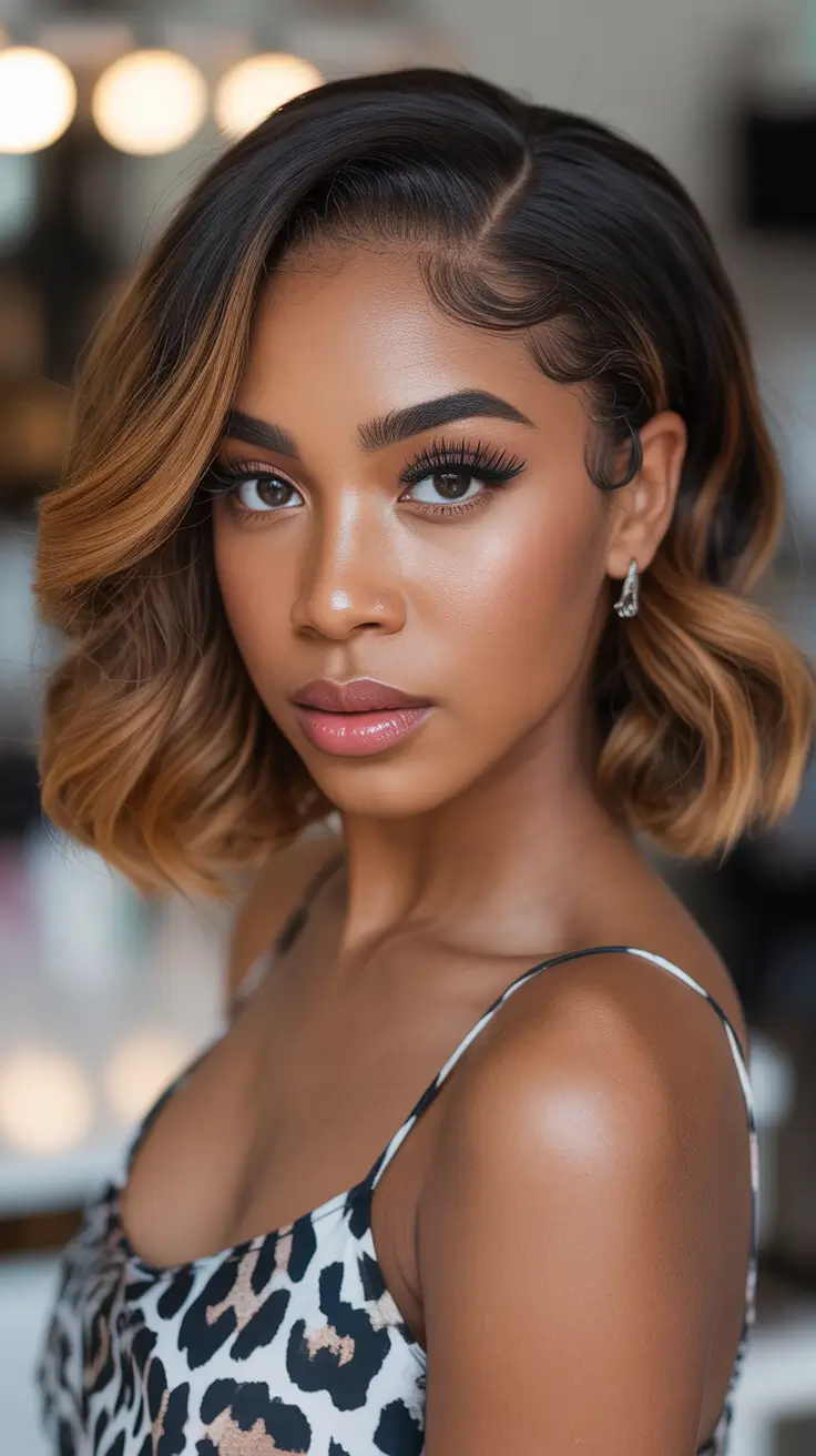 hairstyle black women Deep Side-Part Bob With Honey Ombre Waves