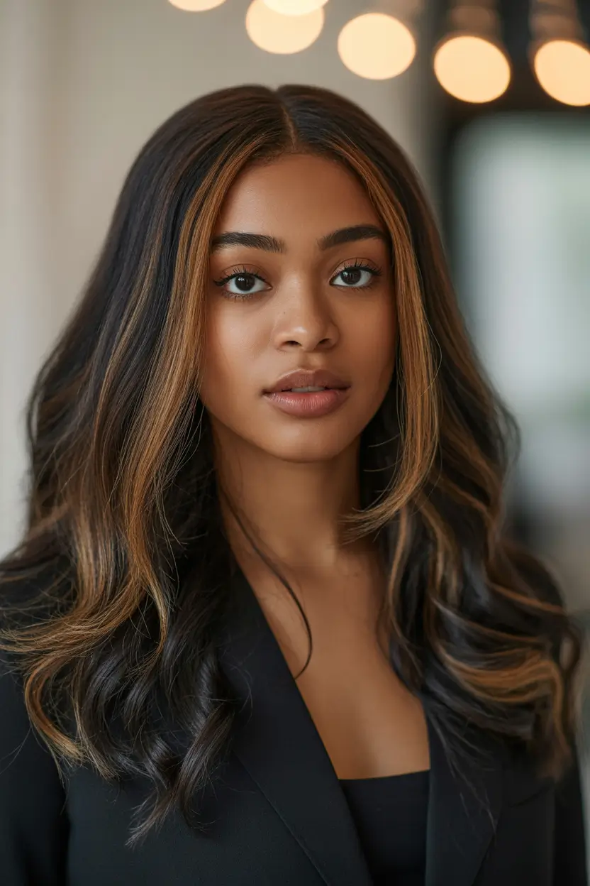 hairstyle black women Center-Part Long Hair With Caramel Ribbon Highlights
