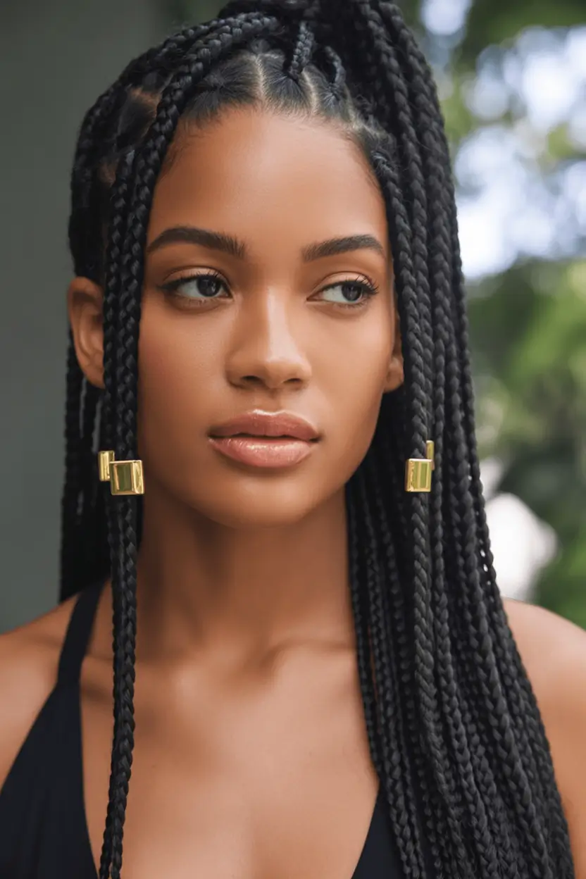 hairstyle black women High Knotless Pony With Gold Accents