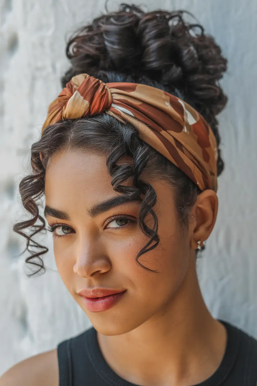 hairstyle black women Curly Updo With a Printed Headwrap