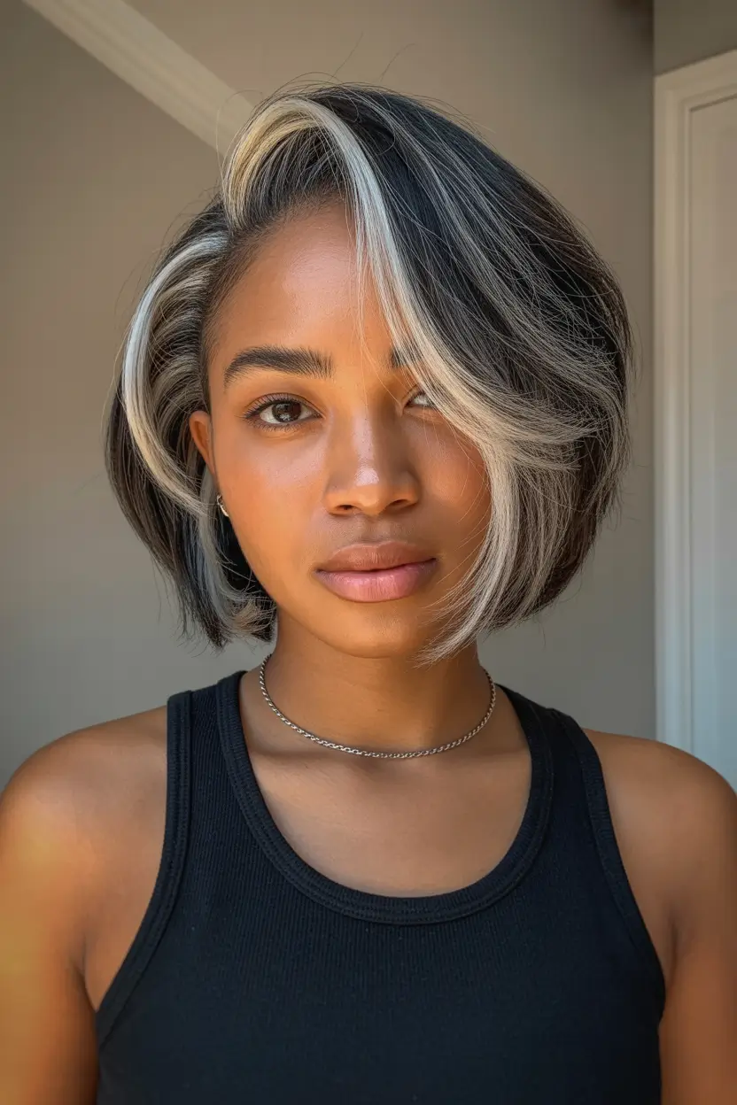 hairstyle black women Face-Framing Bob With Silver Blonde Streak