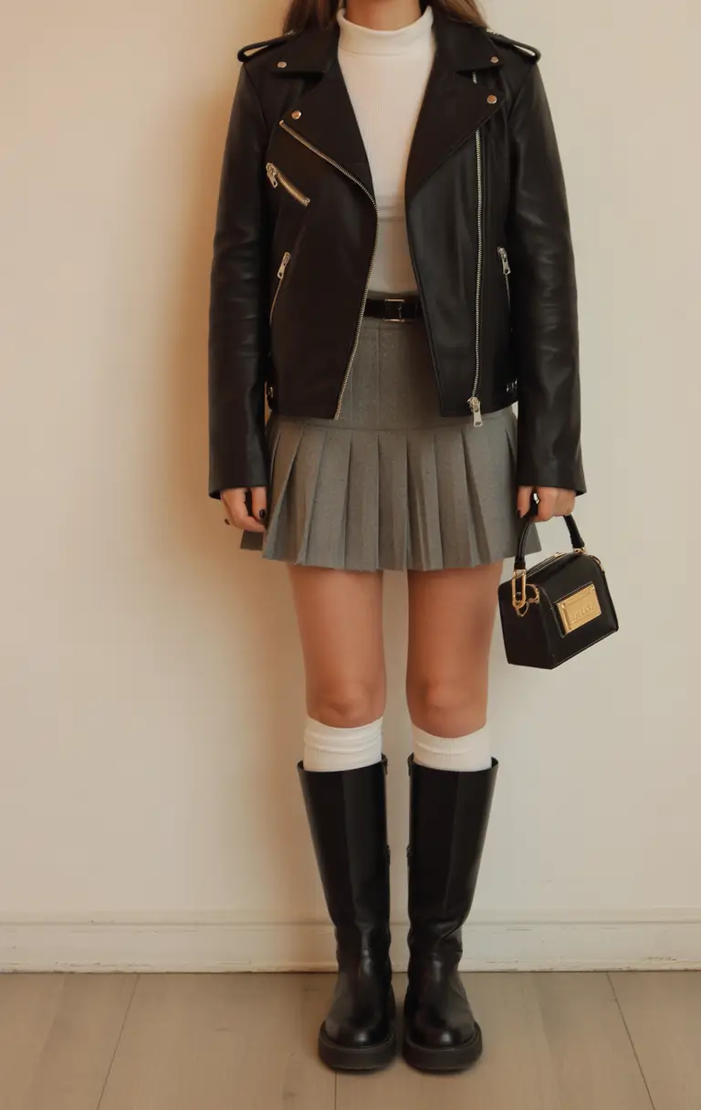 skirt outfits Grey Pleated Skirt with Leather Jacket