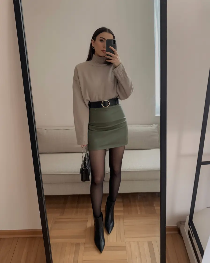 skirt outfits Minimal Green Mini Skirt with Knit