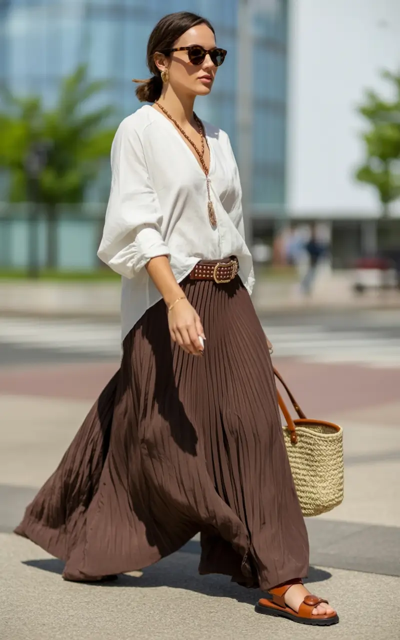 skirt outfits Long Brown Pleated Skirt