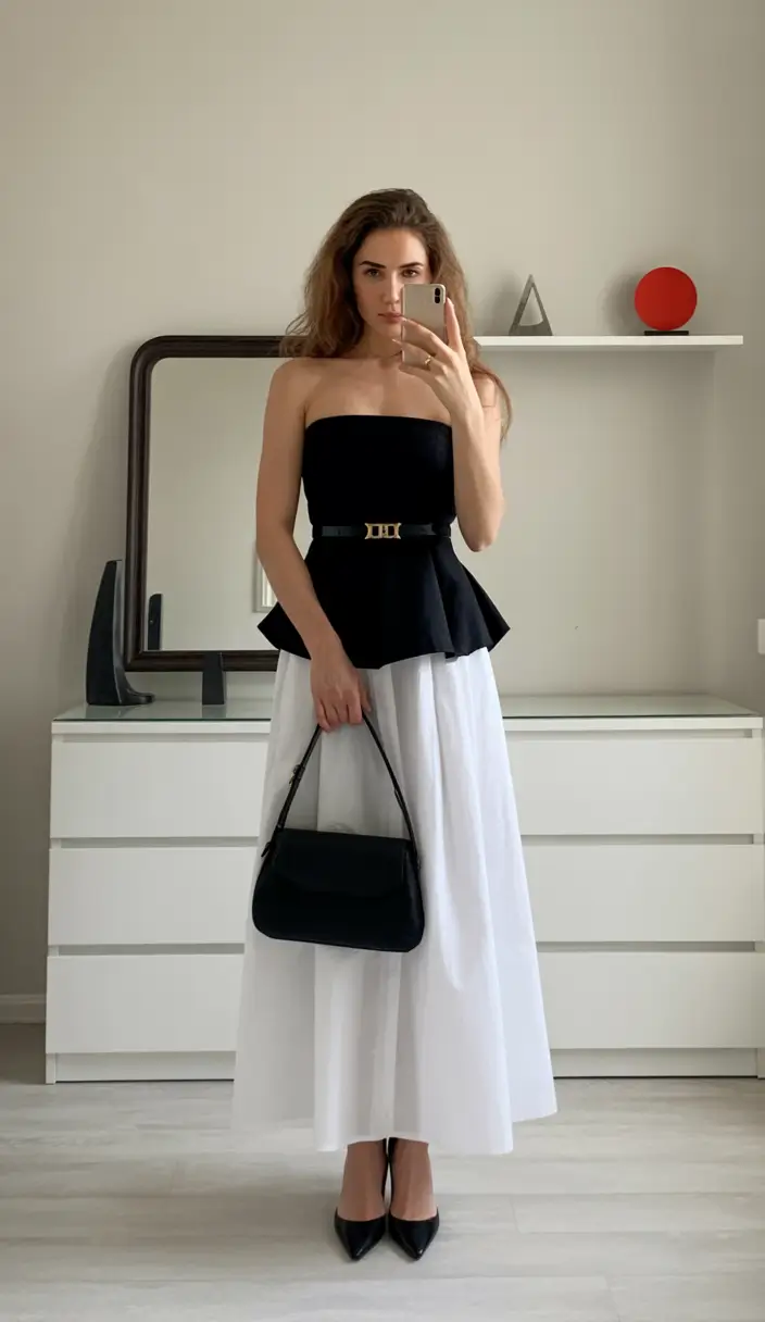 skirt outfits Black Satin Top with White Maxi Skirt