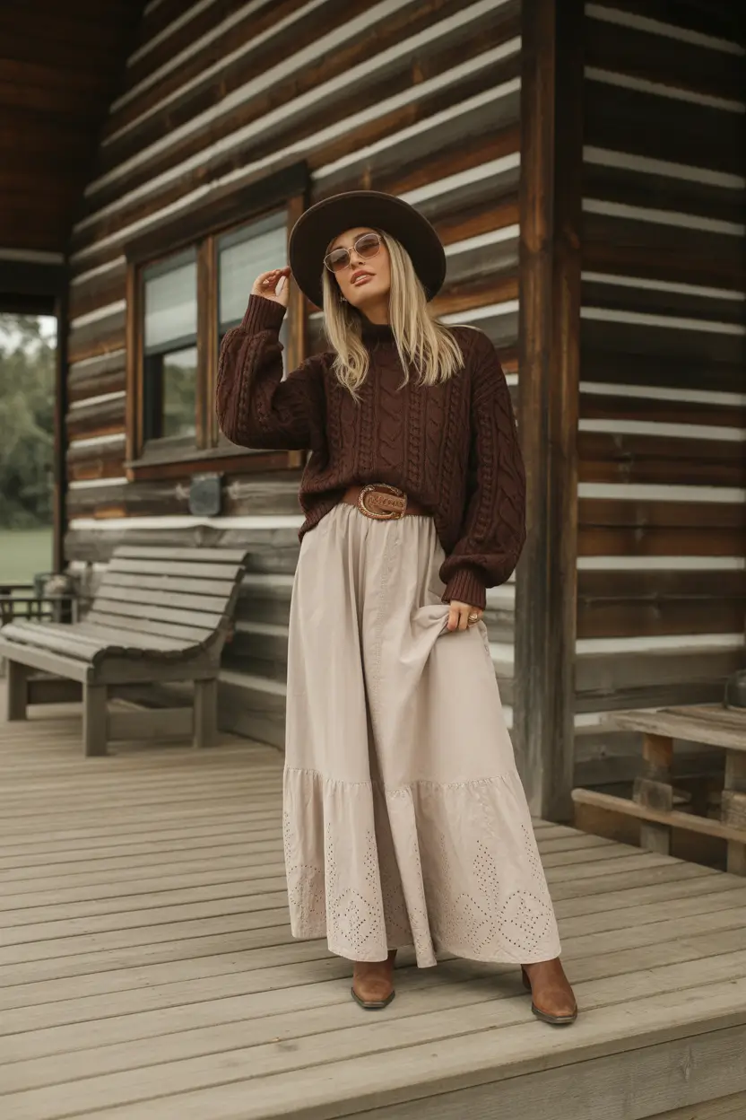 skirt outfits Cozy Brown Layers with a Long Romantic Skirt