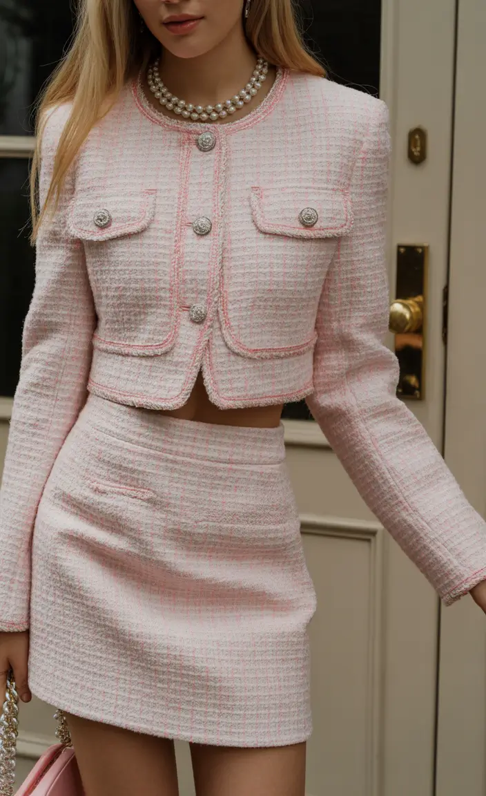 skirt outfits Classic Pink Tweed with a Chic Mini Silhouette