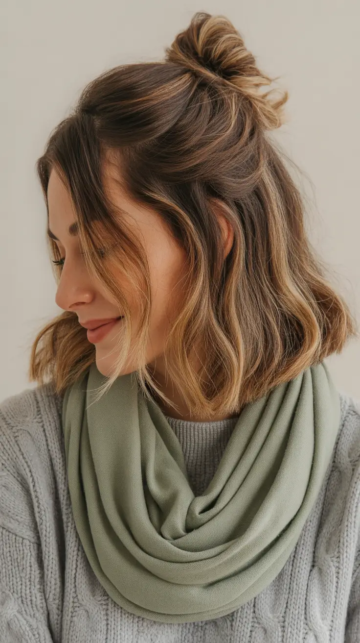 easy hairstyle Half-Up Knot for Shoulder-Length Waves
