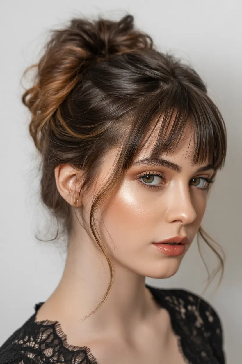 easy hairstyle Messy Textured Bun With Soft Fringe