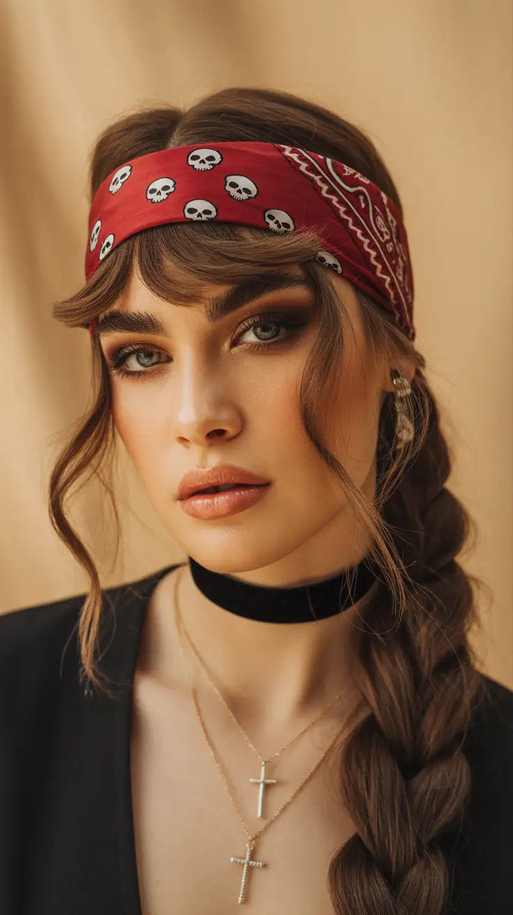 easy hairstyle Red Bandana Braid With Soft Sweeping Bangs