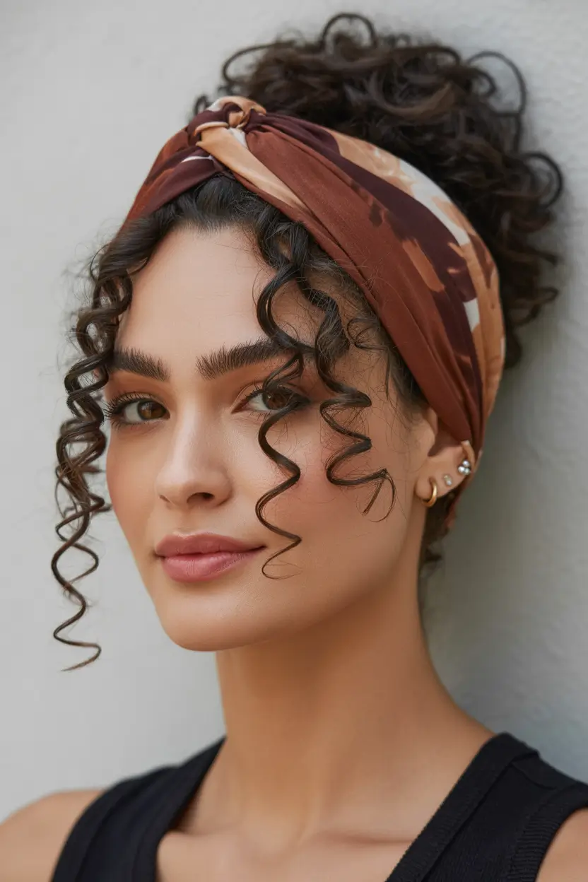 easy hairstyle Curly High Bun With a Printed Headwrap