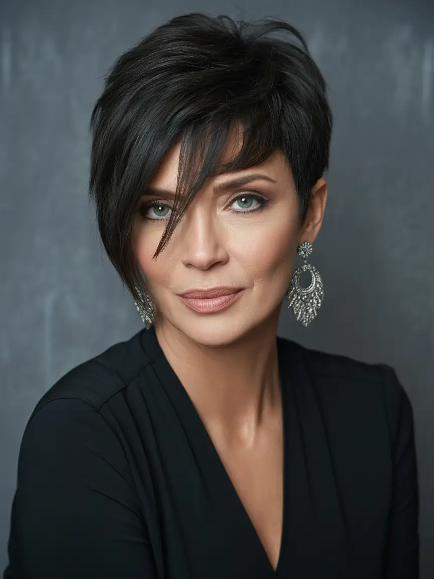 Haircuts-for-Women-Over-40-Deep-Brunette-Asymmetrical-Pixie-Elegance