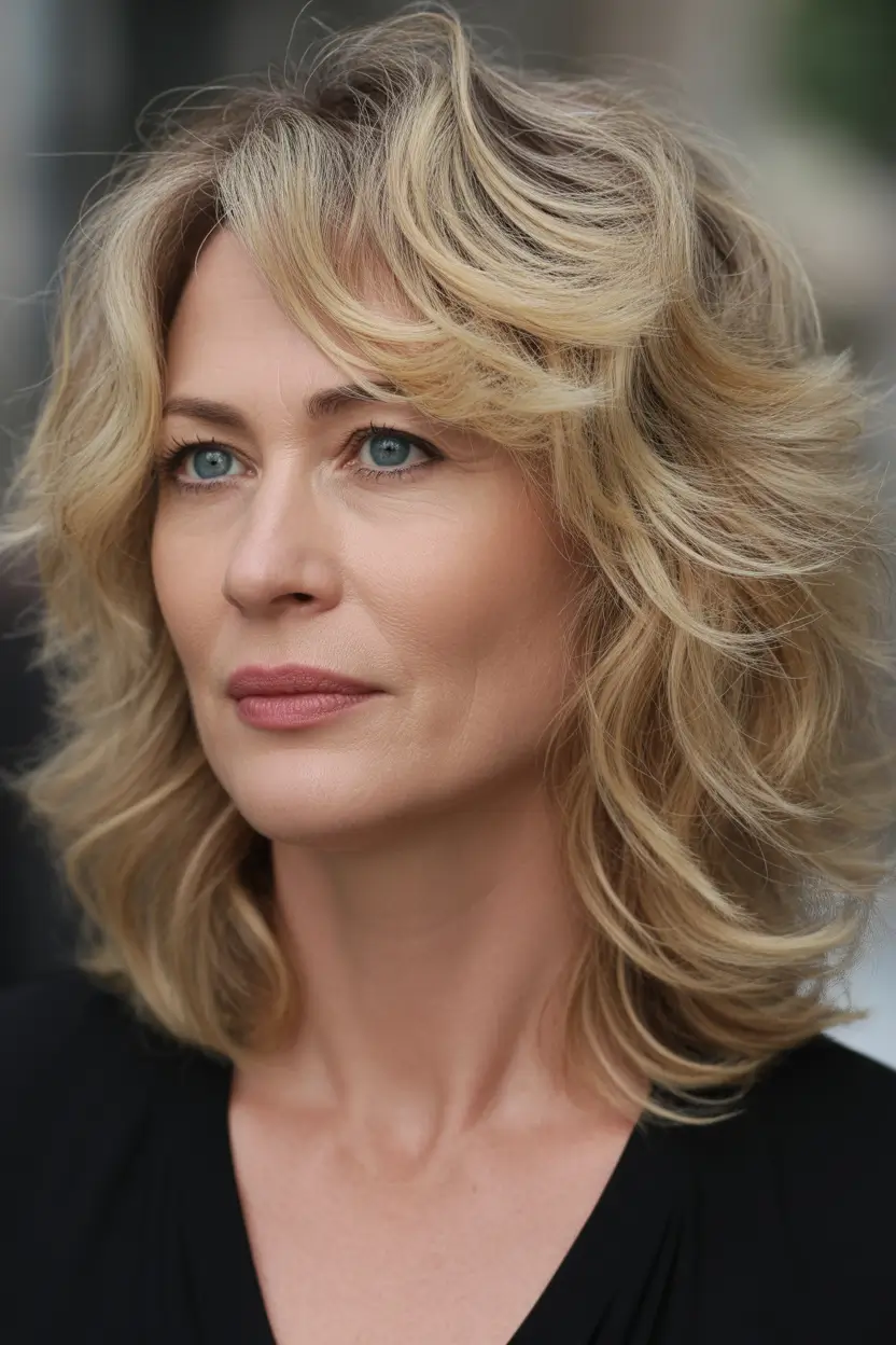 Haircuts for Women Over 50 Wind-Swept Golden Shag With Layered Texture