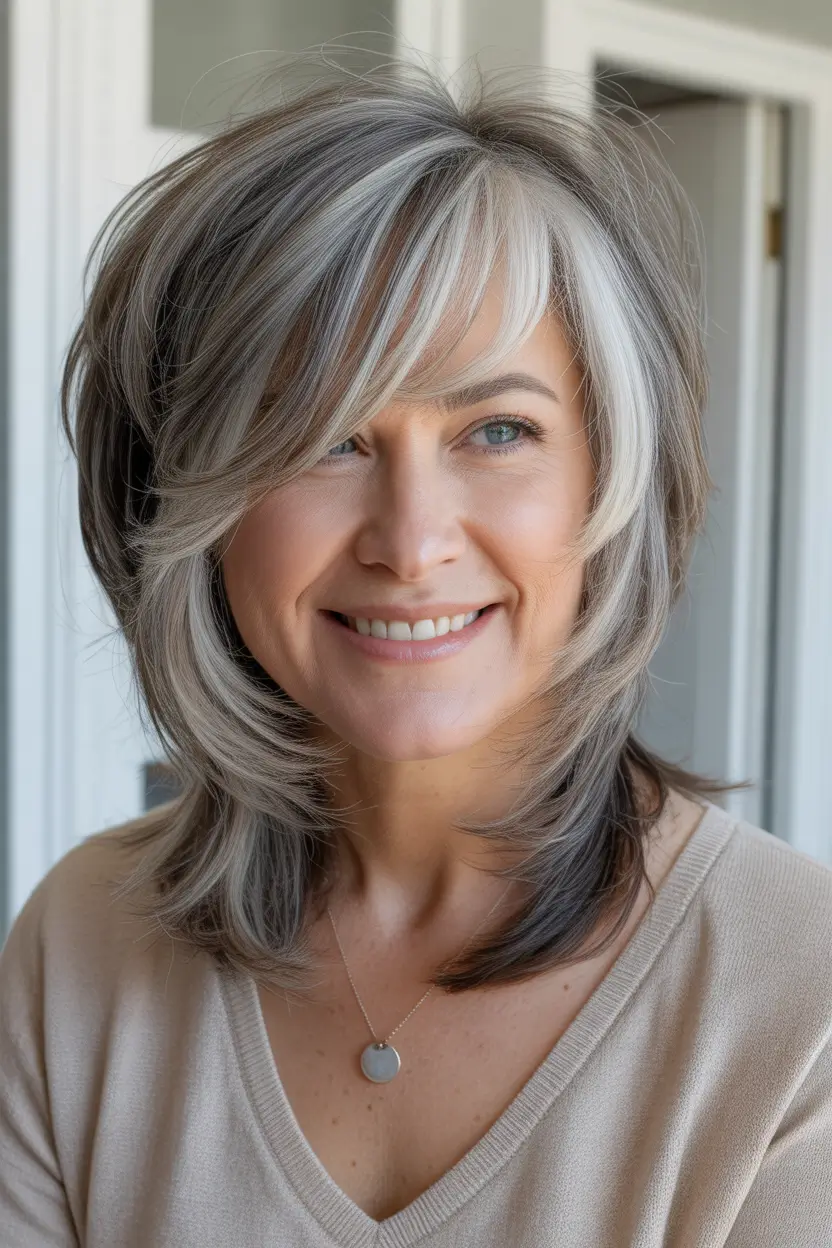 Haircuts for Women Over 50 Layered Silver Cascade With Soft Face-Framing Movement