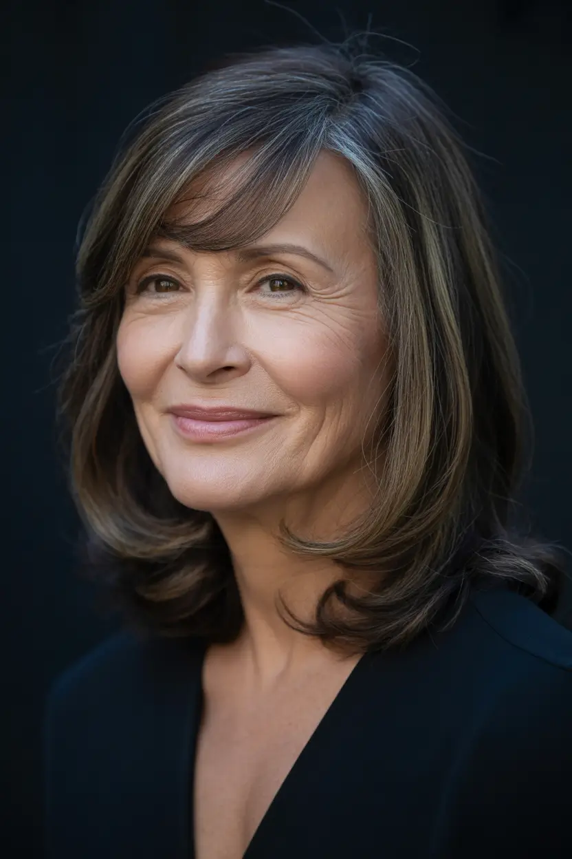 Haircuts for Women Over 50 Soft Brunette Layers With Gentle Side-Swept Bangs