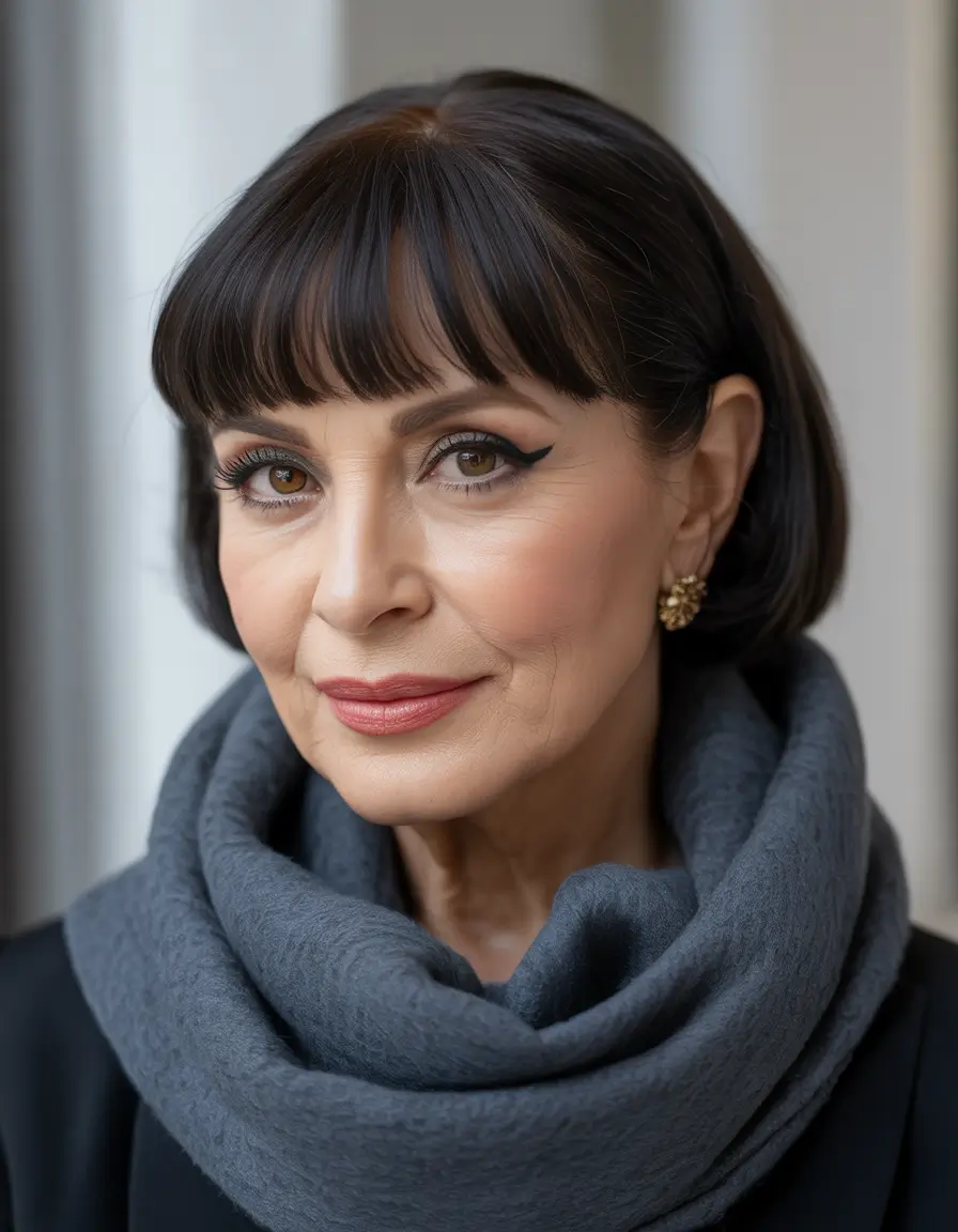 Haircuts for Women Over 50 Classic Jet Black Bob With Full Rounded Bangs