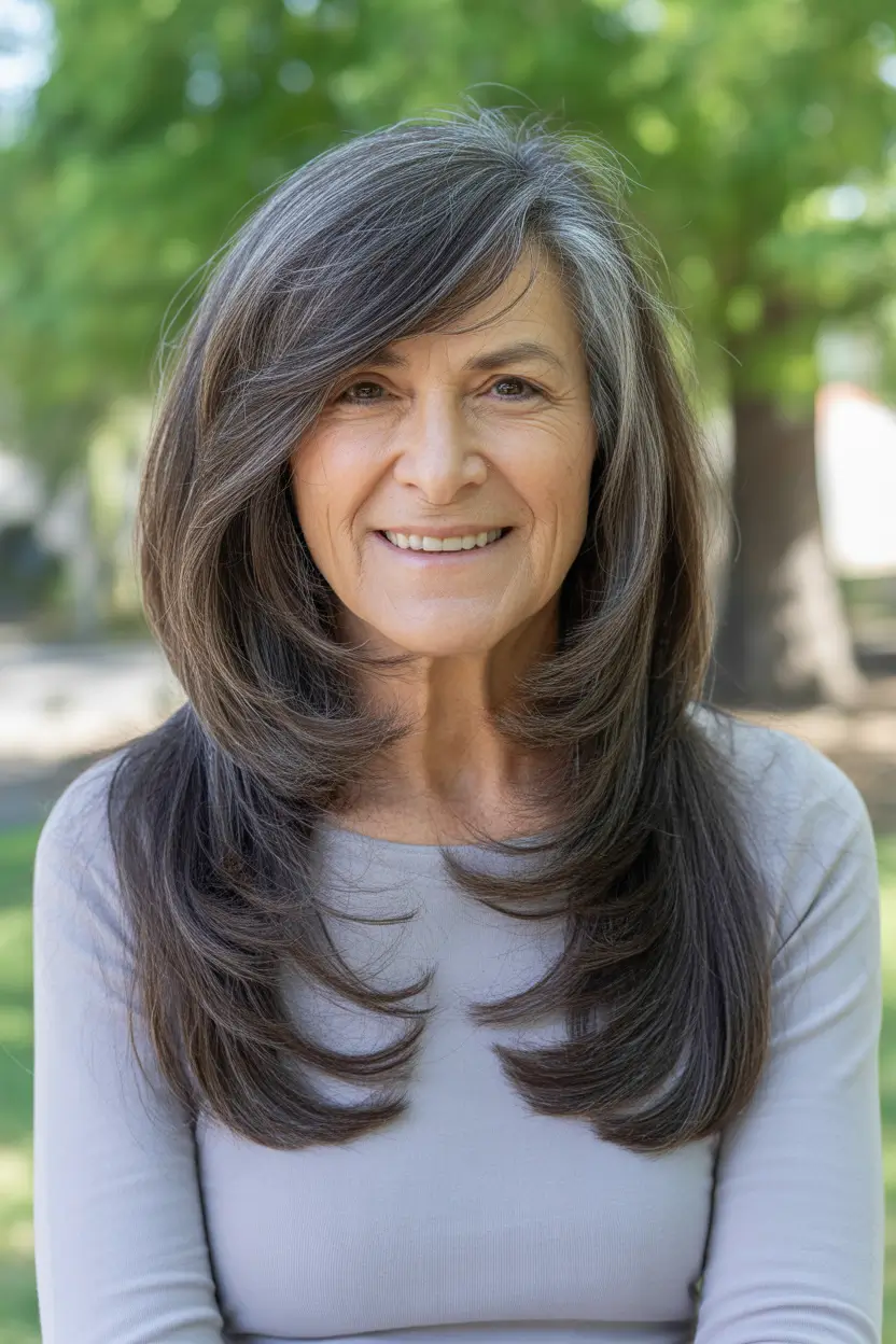 Haircuts for Women Over 50 Long Silver Layers With Soft Face-Framing Sweep
