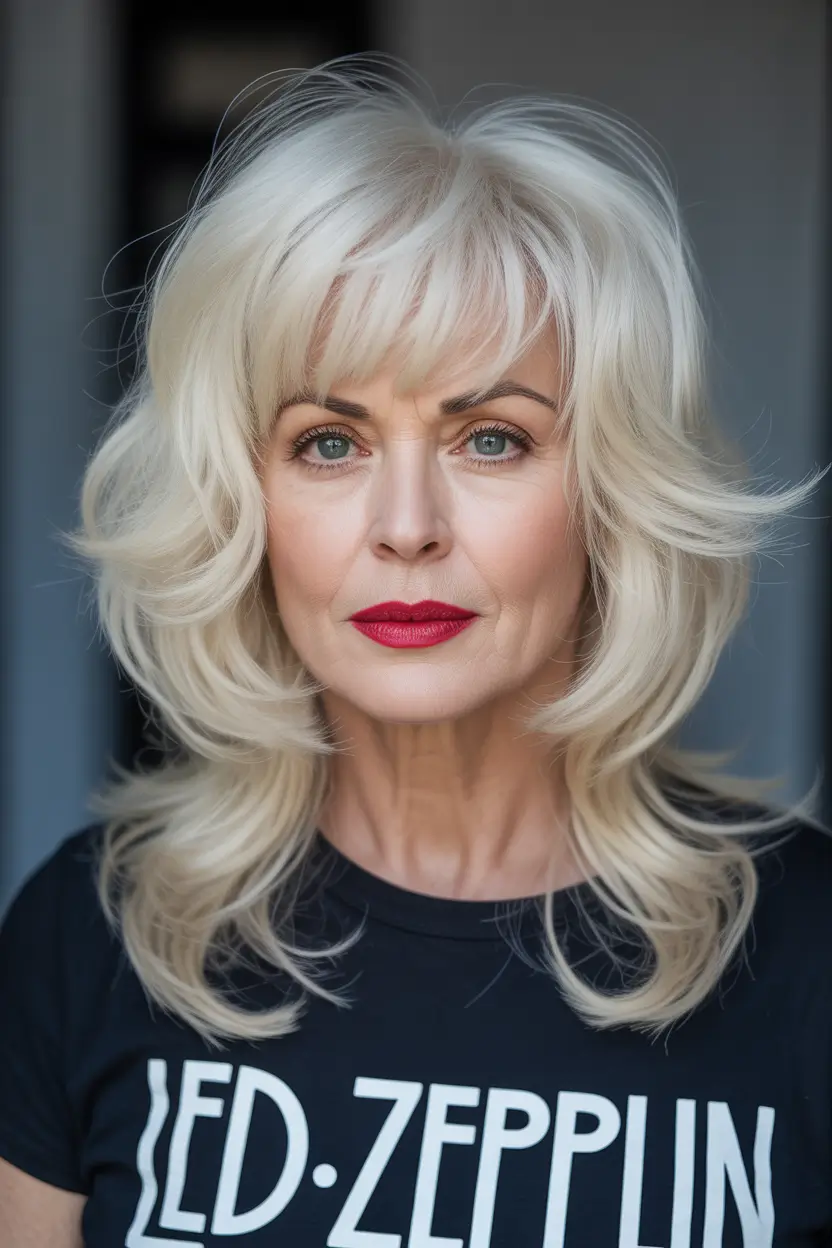Haircuts for Women Over 50 Feathered Platinum Shag With Playful Fringe