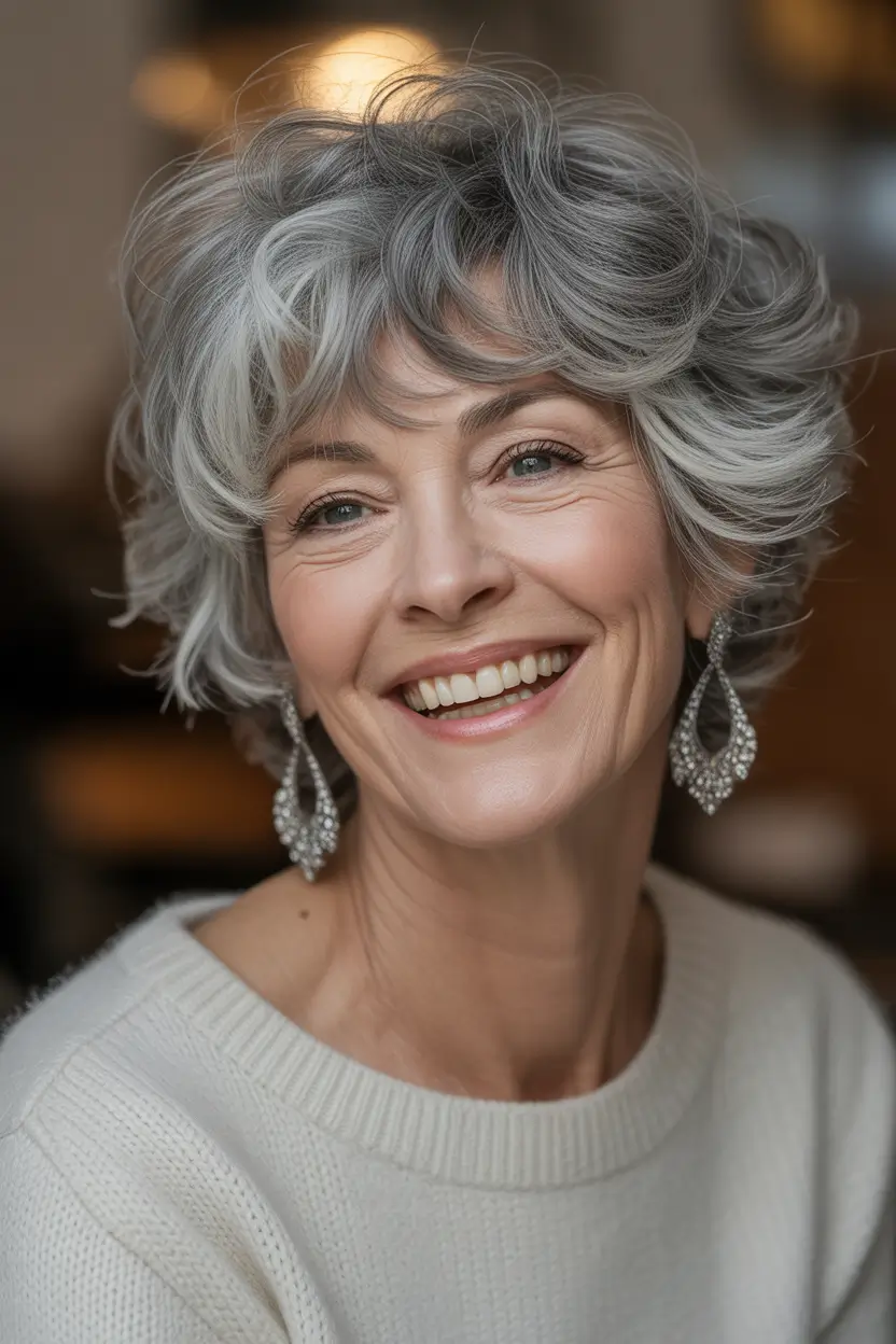 Haircuts for Women Over 50 Softly Tousled Silver Shag With Lifted Crown