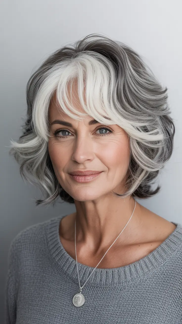 Haircuts for Women Over 50 Silver-White Contrast Layers With Bold Fringe