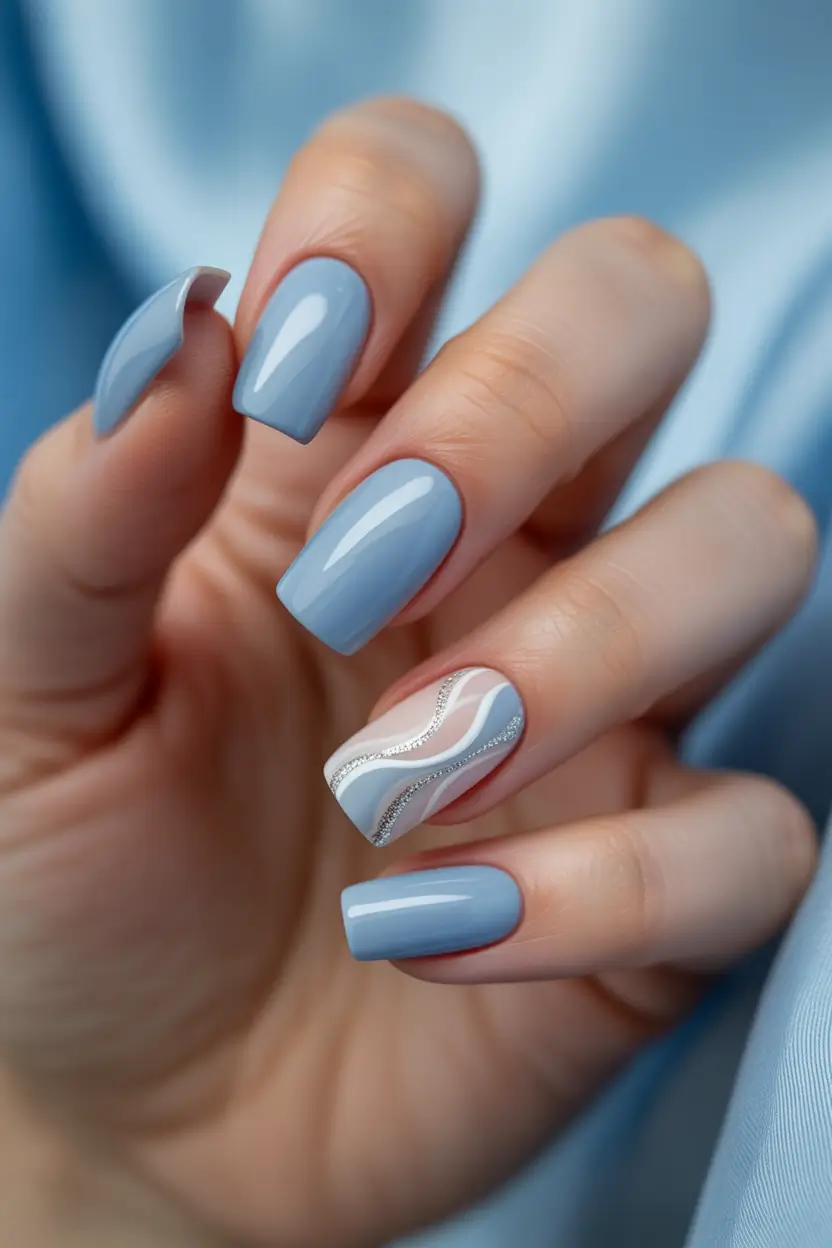 light blue nails Dusty Blue With a Soft Silver Wave Accent