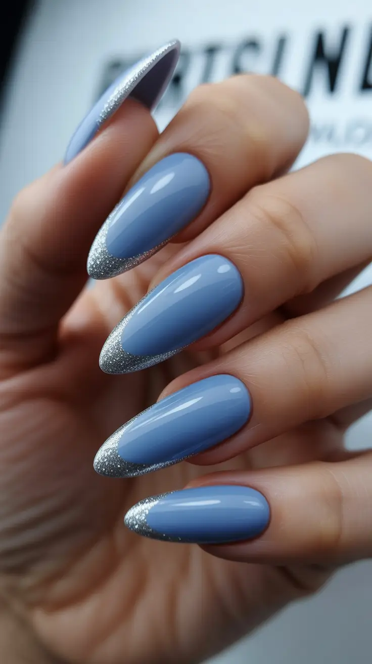 light blue nails Almond Blue With a Sparkly French Tip Finish