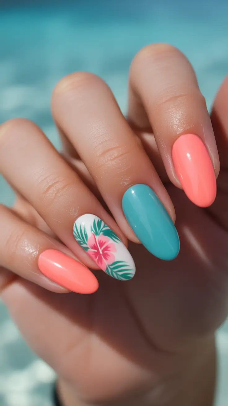 light blue nails Tropical Blue With Playful Flowers