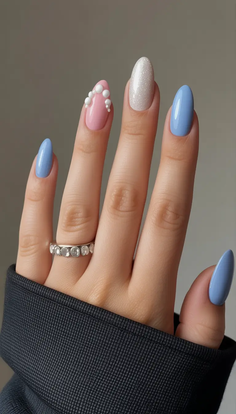 light blue nails Playful Blue Mix With Pearls and Texture