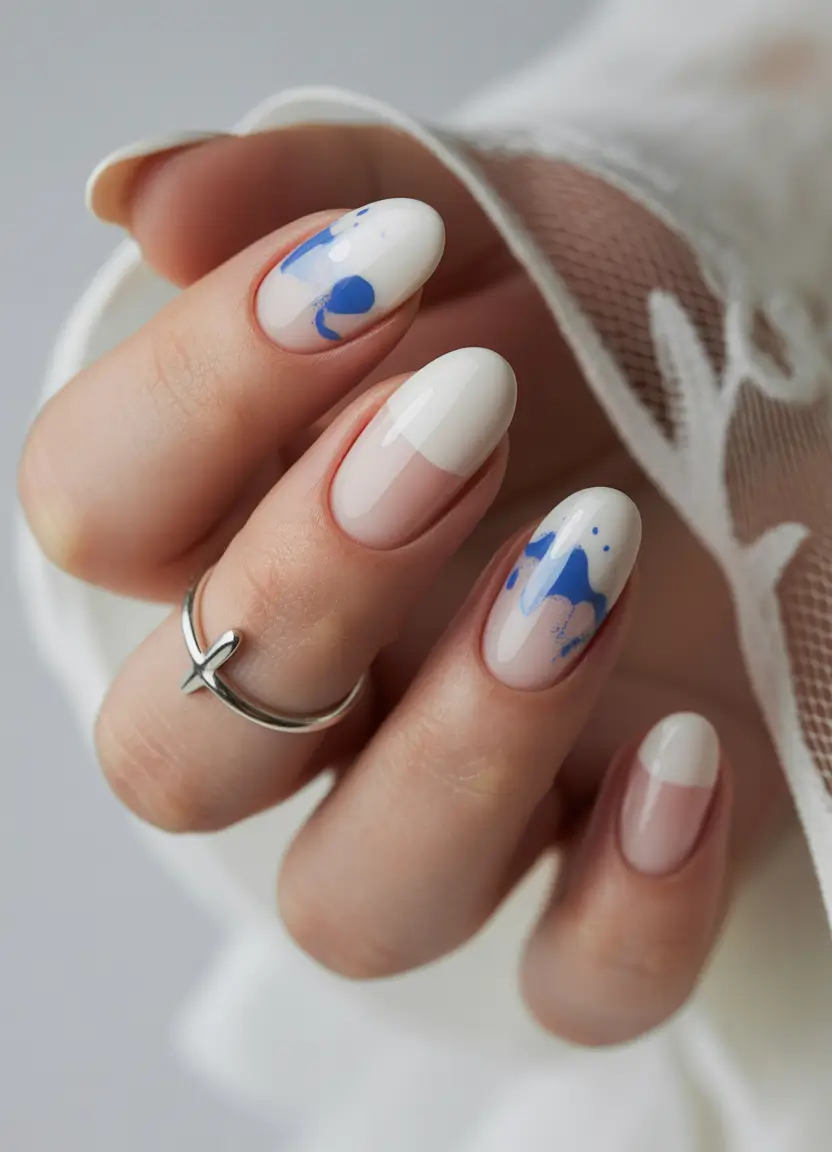 light blue nails Minimal White and Blue With Abstract Details