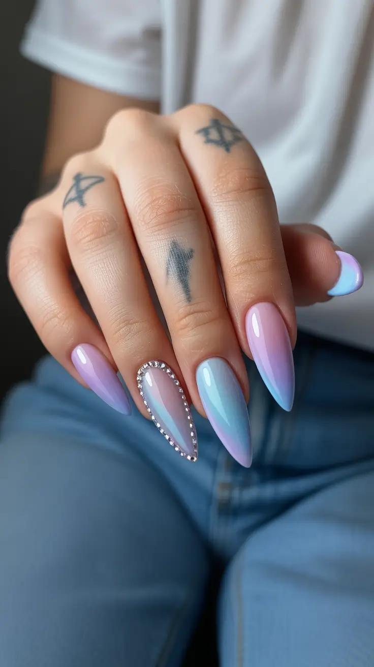 light blue nails Pastel Blue and Lilac Almond With Crystal Accents