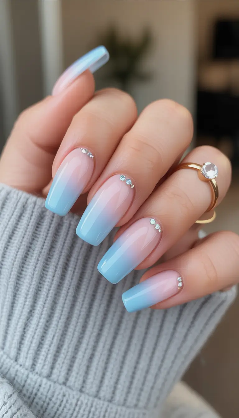 light blue nails Minimal Blue Ombre With Subtle Rhinestone Details