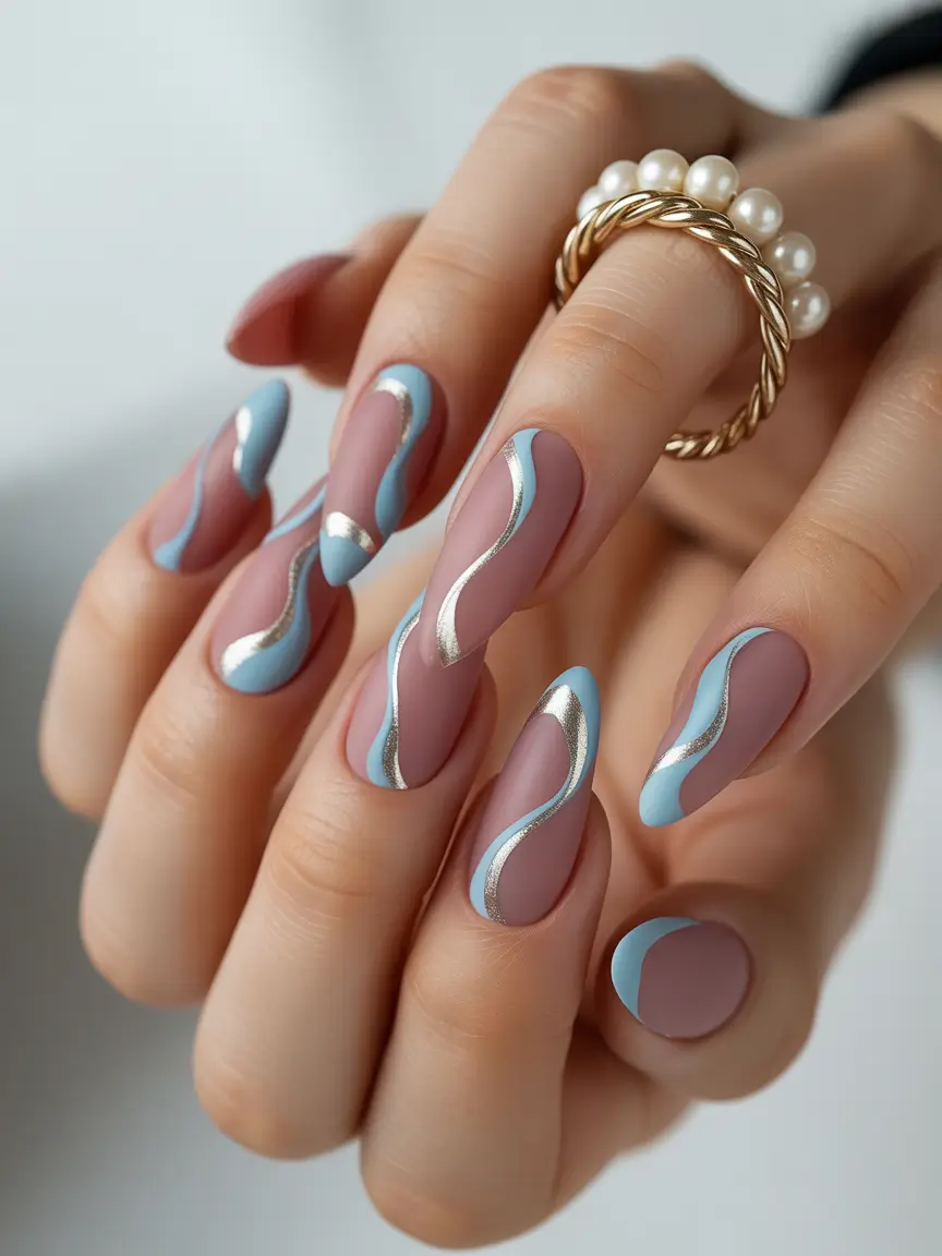 light blue nails Flowing Lines and Soft Contrast