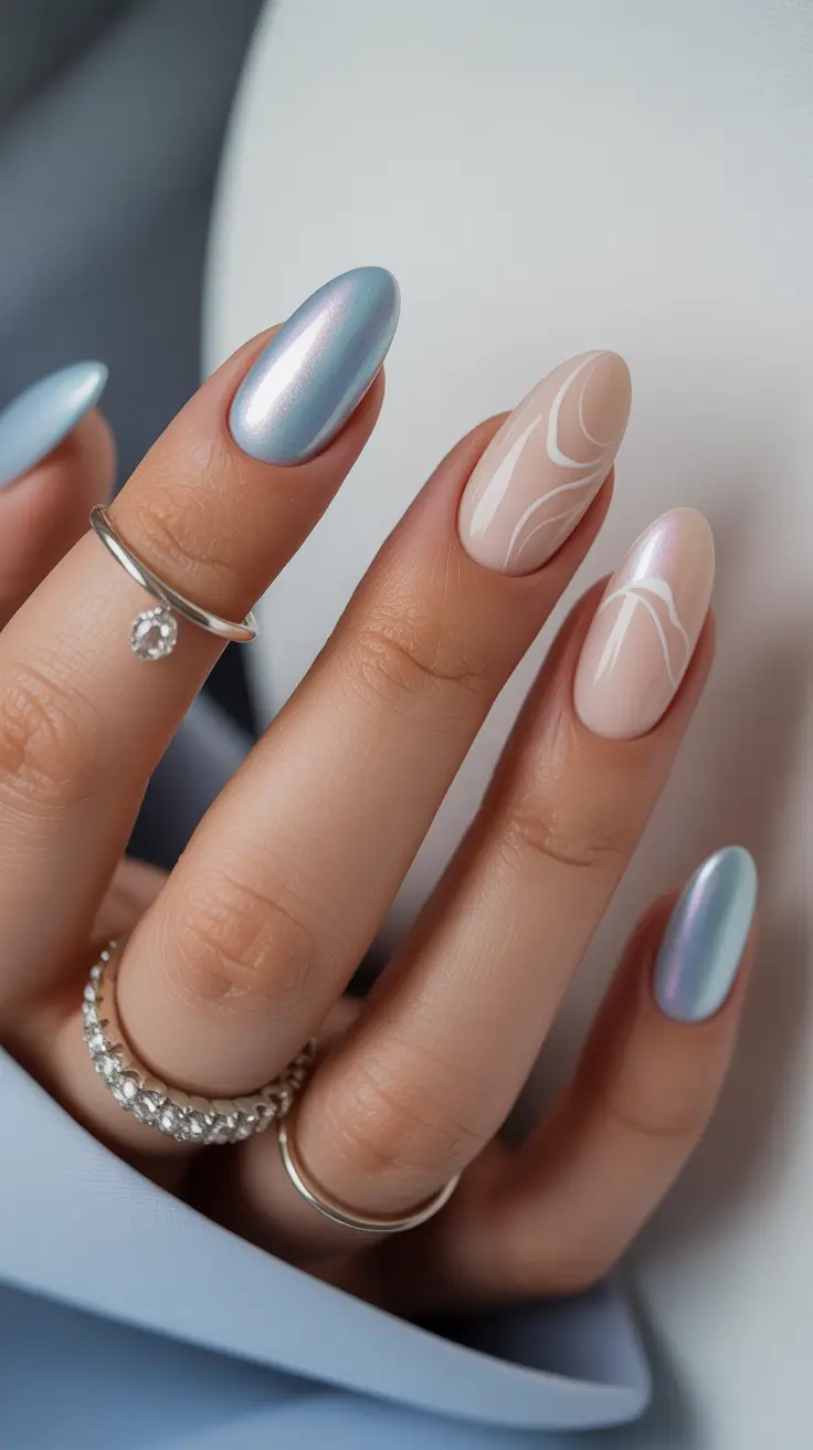light blue nails Pearlized Blue With Subtle Line Art